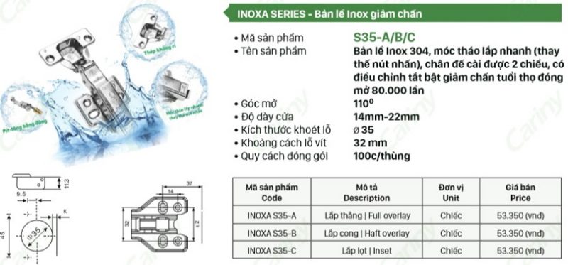 Bản lề giảm chấn Cariny INOXA S-35 Inox 304 6 Bản lề giảm chấn Cariny INOXA S-35 Inox 304 3