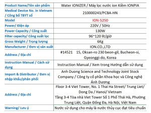 Máy lọc nước IONPIA 5250 7 thong tin may loc nuoc ionpia 5250